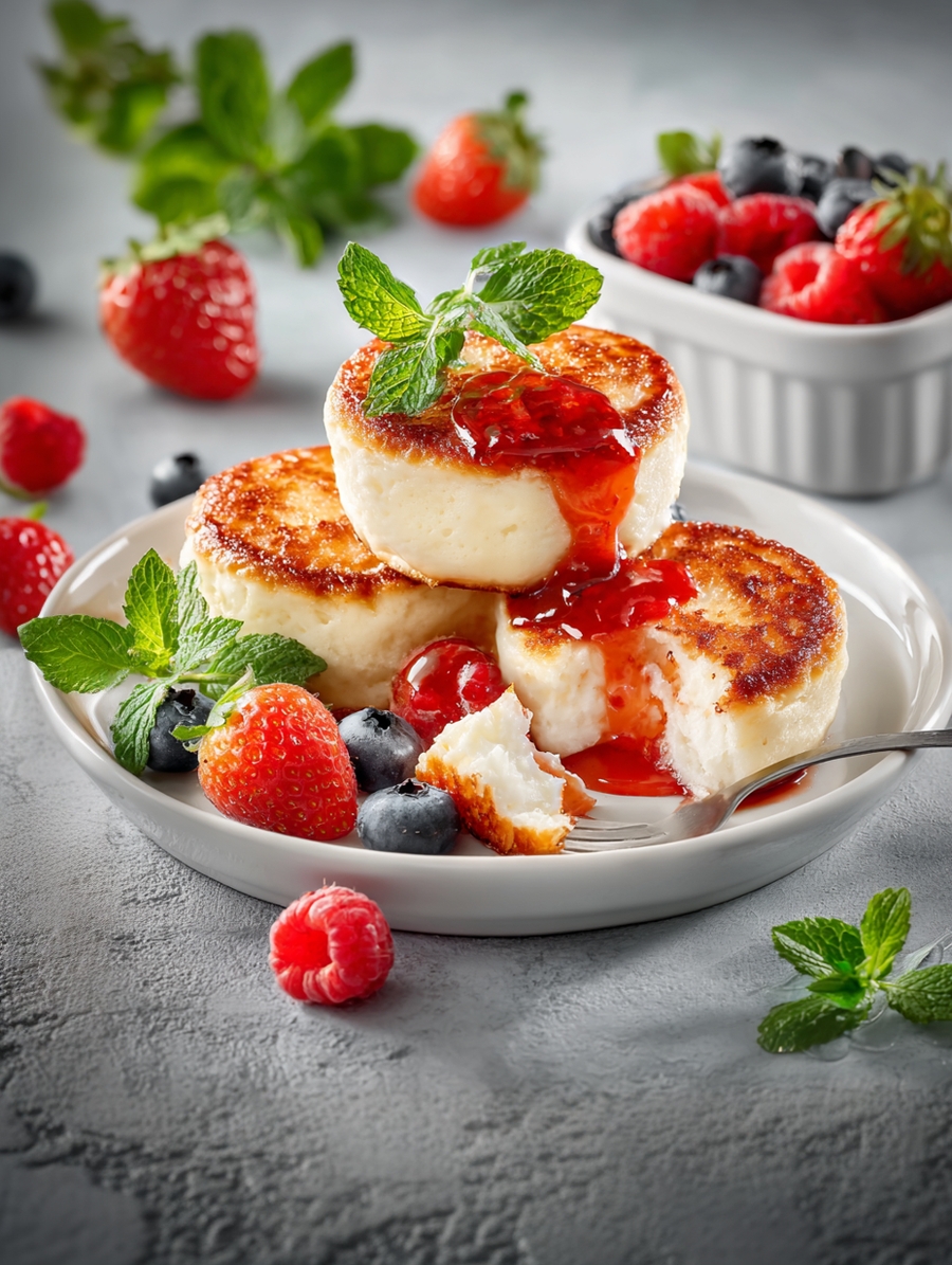 Золотистые сырники с ягодным соусом готовое блюдо Это Норма