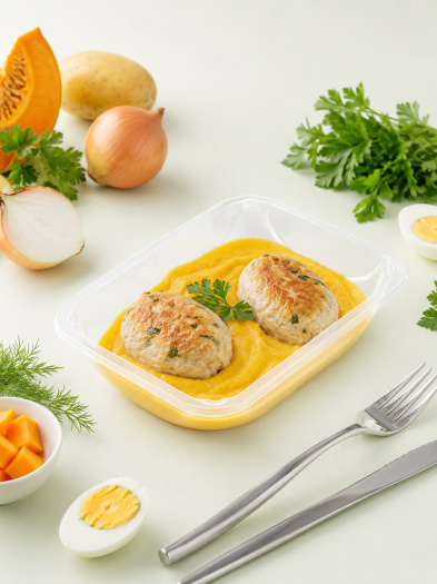Куриные котлеты с тыквенно-картофельным пюре, блюдо для здорового меню