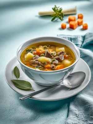 Картофельная похлебка с говядиной и зеленым горошком